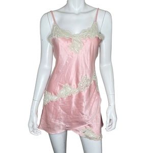 Victoria’s Secret gold label baby pink white lace trim braided strap night gown